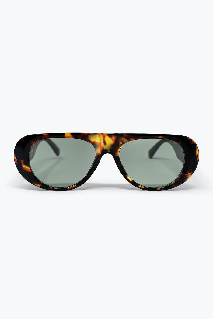 Tortoise Frame Wide Oval Sunglasses with Green Lens