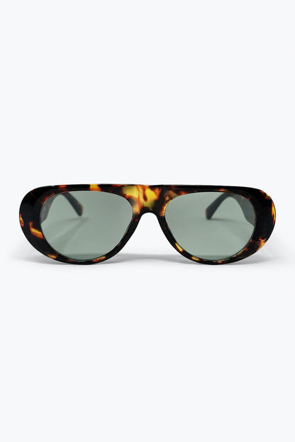 Tortoise Frame Wide Oval Sunglasses with Green Lens
