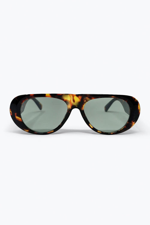 Tortoise Frame Wide Oval Sunglasses with Green Lens