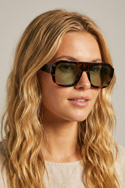 Tortoise Square Frame Sunglasses with Green Tint