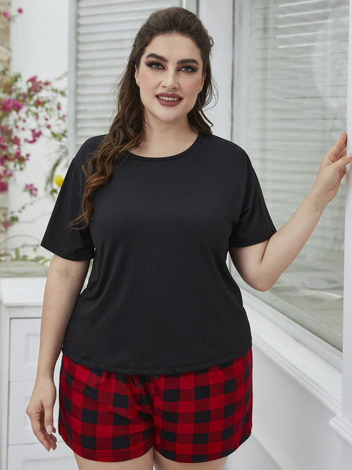Trendsi Plus Size Tee and Plaid Shorts Lounge Set Black Red - Lounge