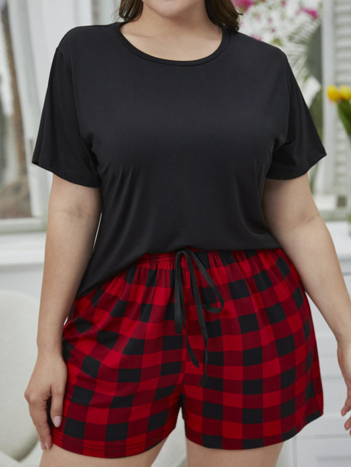 Trendsi Plus Size Tee and Plaid Shorts Lounge Set - Lounge