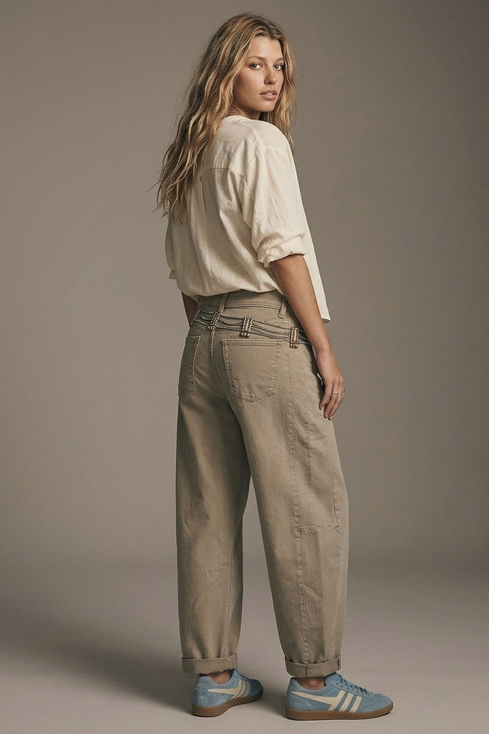 Trendy Beige Baggy Barrel Balloon Jeans with Pockets - Coloured Jeans