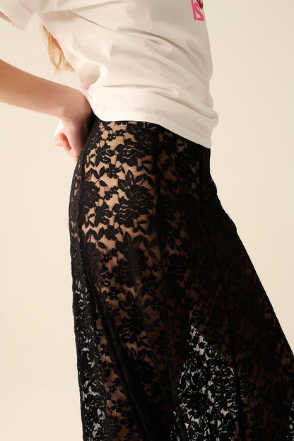 trendy black lace long skirt