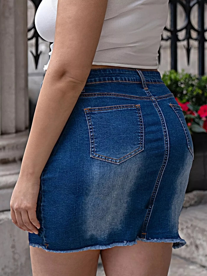 Trendy Plus Size Denim Skirt with Pearl Detail - Skirts