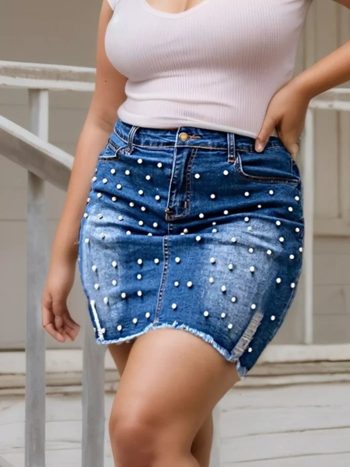 Trendy Plus Size Denim Skirt with Pearl Detail - Skirts