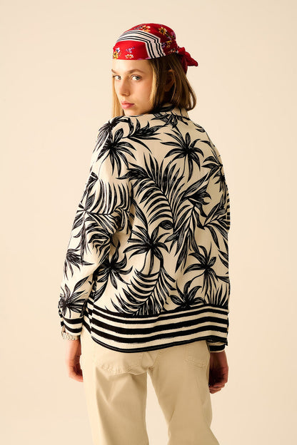 Tropical Motif Relaxed Blouse in Black and White - Shirts