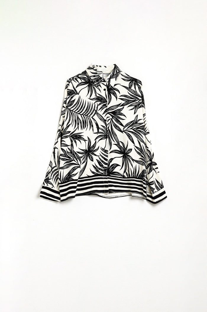 Tropical Motif Relaxed Blouse in Black and White - Shirts