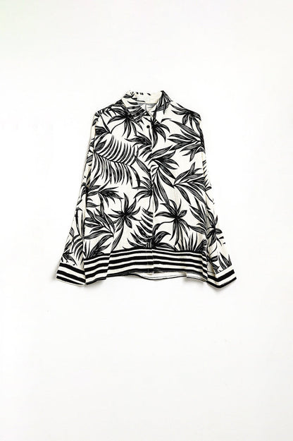 Tropical Motif Relaxed Blouse in Black and White - Shirts