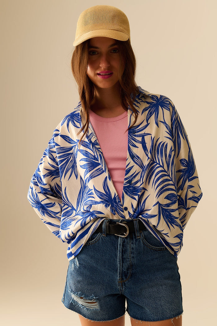 Tropical Motif Relaxed Blouse in Blue and White - dress