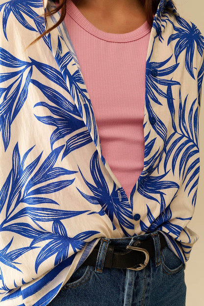 Tropical Motif Relaxed Blouse in Blue and White - dress
