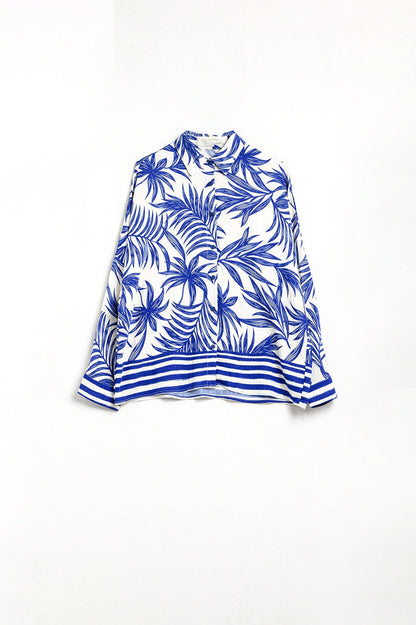 Tropical Motif Relaxed Blouse in Blue and White - dress