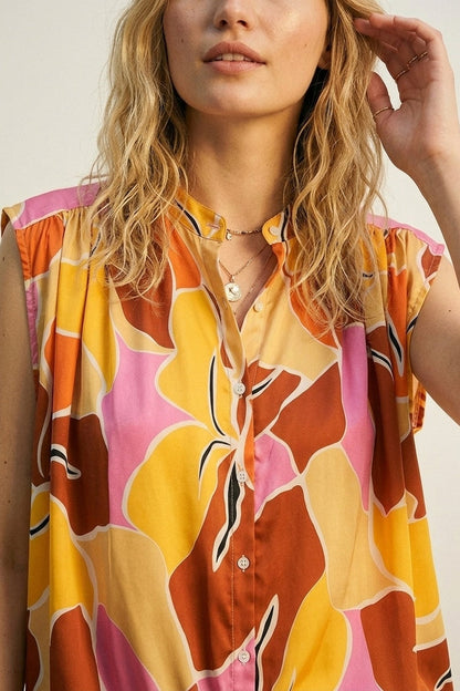 Tropical Print Button-Front Sleeveless Blouse in orange Warm Tones
