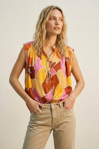 Tropical Print Button-Front Sleeveless Blouse in orange Warm Tones