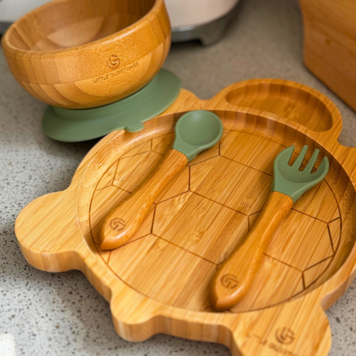 Turtle Bamboo Feeding Set - Plate, Bowl, Spoon & Fork Gift Set - Feeding Essentials