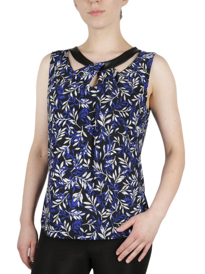 Twist Neck Printed Feather Ity With Faux Leather Knit Top
