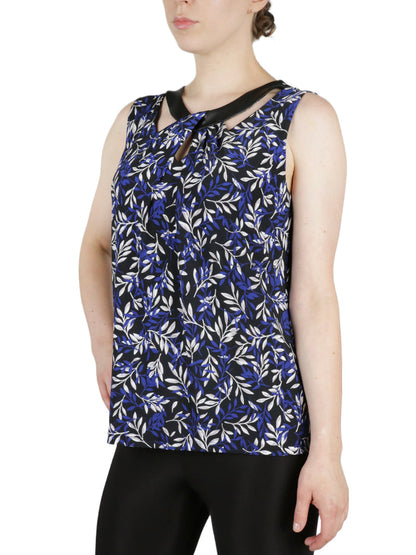 Twist Neck Printed Feather Ity With Faux Leather Knit Top
