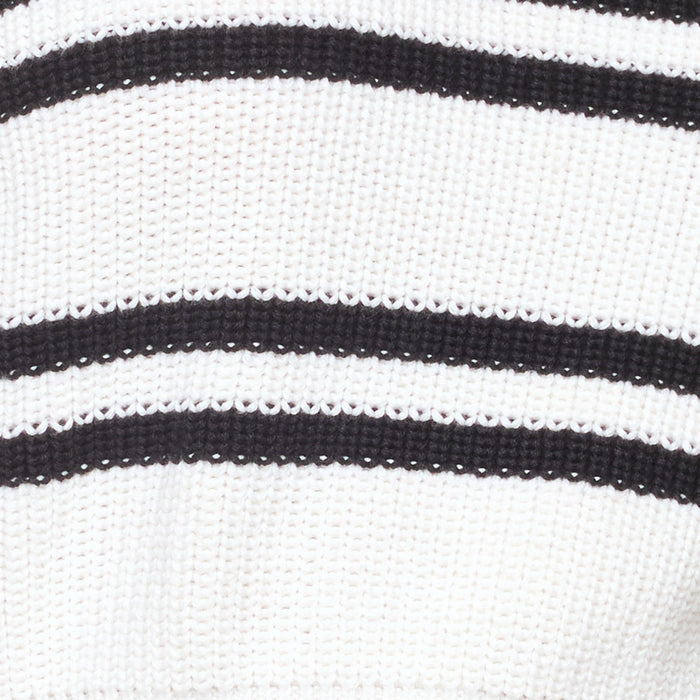 Fabric swatch for the LSPACE Ultra Stripe Sweater in black-white, showing the bold black and white horizontal stripe pattern and ribbed knit texture.