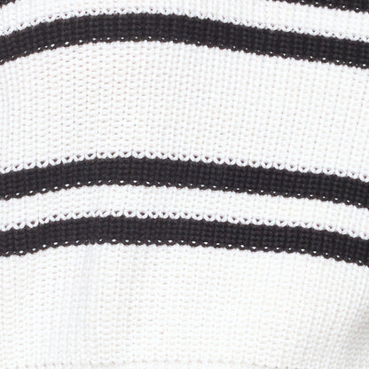 Fabric swatch for the LSPACE Ultra Stripe Sweater in black-white, showing the bold black and white horizontal stripe pattern and ribbed knit texture.