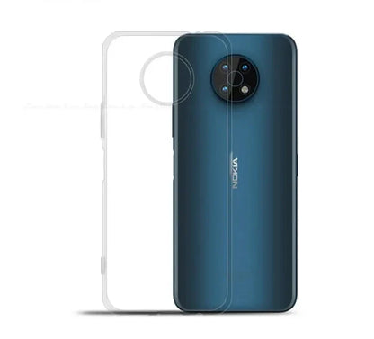an image of a blue and white phone with a clear back cover