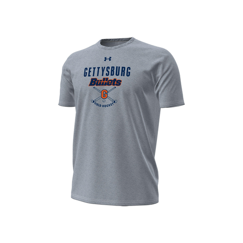 A heather gray Under Armour t-shirt featuring a 'Gettysburg Bullets' athletic graphic on the chest, displayed on a clean white background.