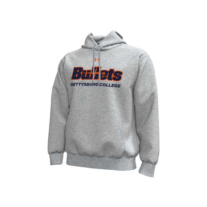 A heather gray Under Armour pullover hoodie featuring the word 'Bullets' in orange with a navy outline and 'GETTYSBURG COLLEGE' printed underneath in navy, displayed on a clean white background.
