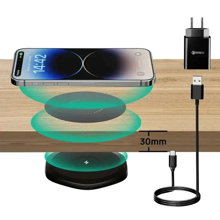 anker wireless charging station with a phone and a charger