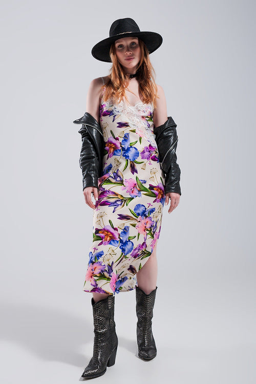 V back Satin midi dress in beige clashing floral print - dress