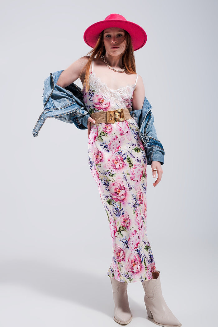 V back Satin midi dress in pink rose print - dress