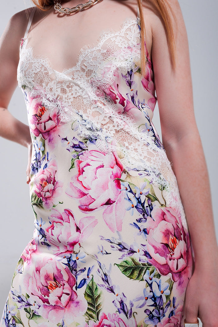 V back Satin midi dress in pink rose print - dress