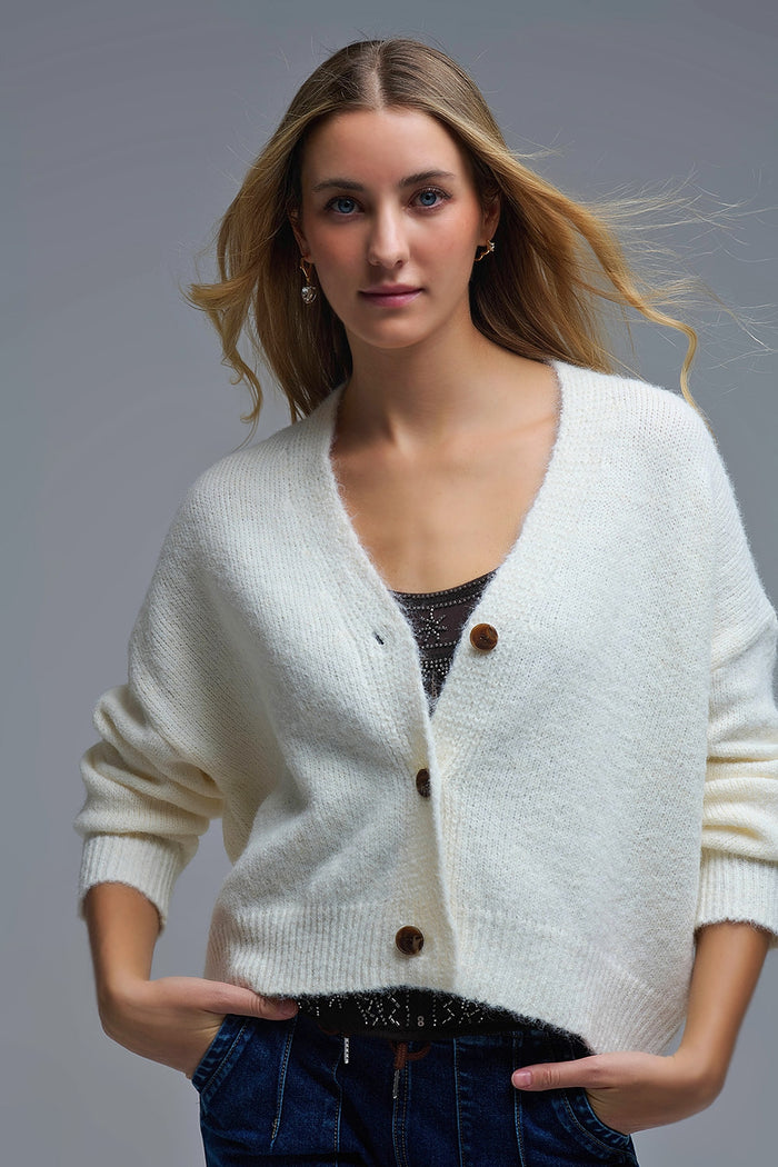 V-neck Basic Cream Buttoned Cardigan