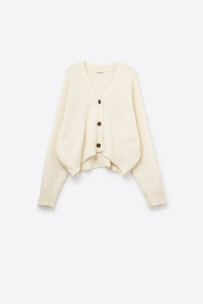V-neck Basic Cream Buttoned Cardigan