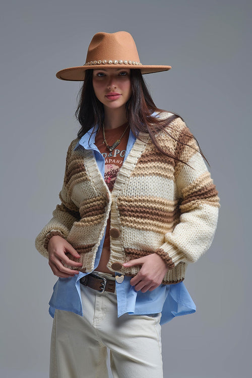 V-neck Chunky Knit Cardigan in striped of Brown and camel