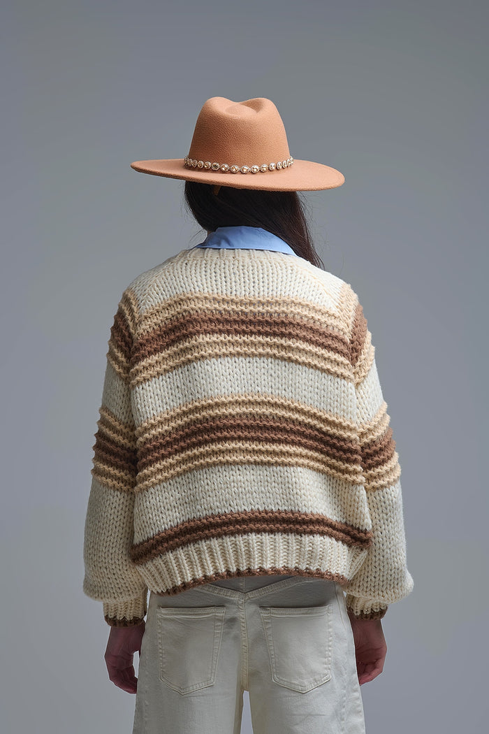 V-neck Chunky Knit Cardigan in striped of Brown and camel