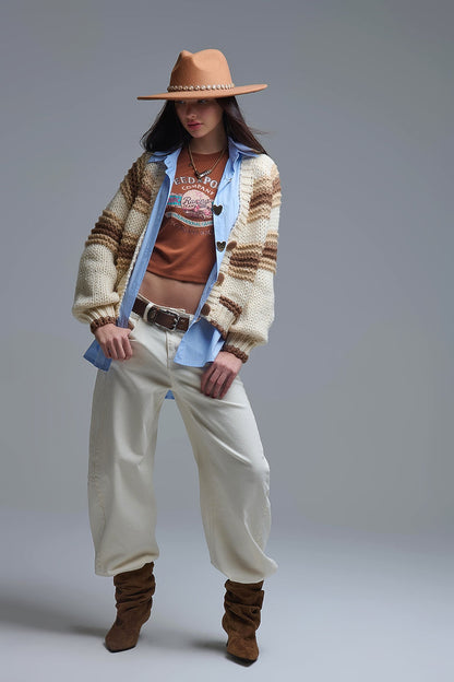 V-neck Chunky Knit Cardigan in striped of Brown and camel