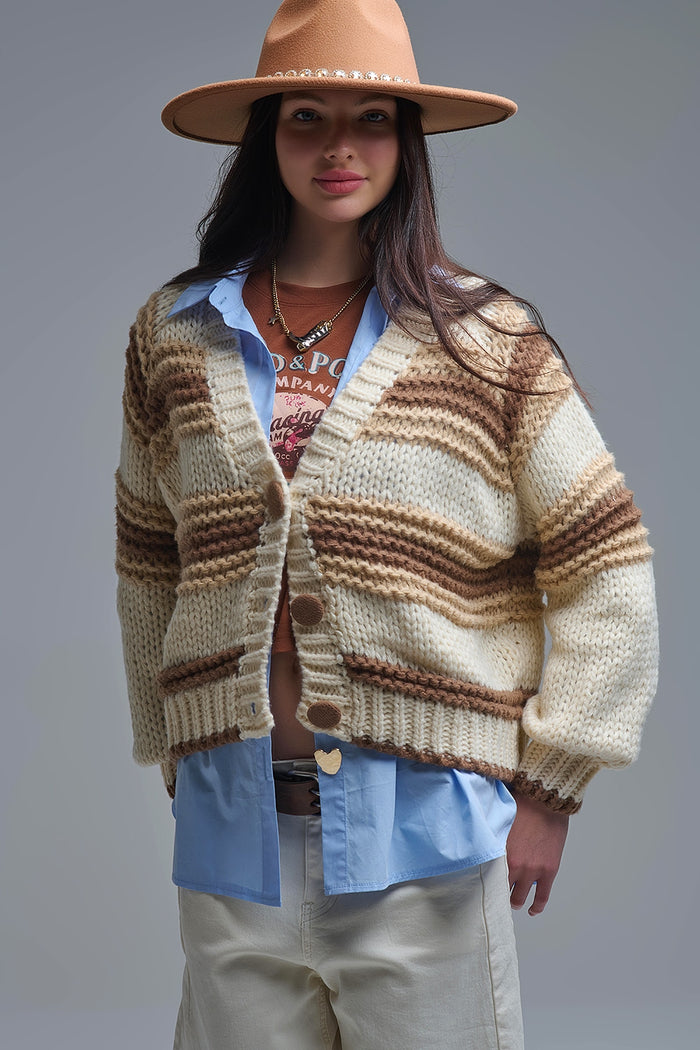 V-neck Chunky Knit Cardigan in striped of Brown and camel
