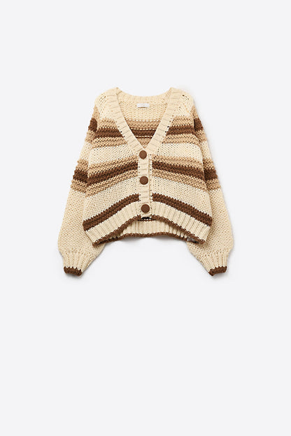 V-neck Chunky Knit Cardigan in striped of Brown and camel