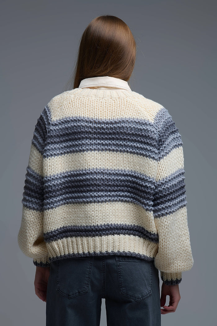 V-neck Chunky Knit Cardigan in striped of Grey and Cream