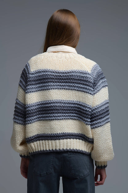 V-neck Chunky Knit Cardigan in striped of Grey and Cream