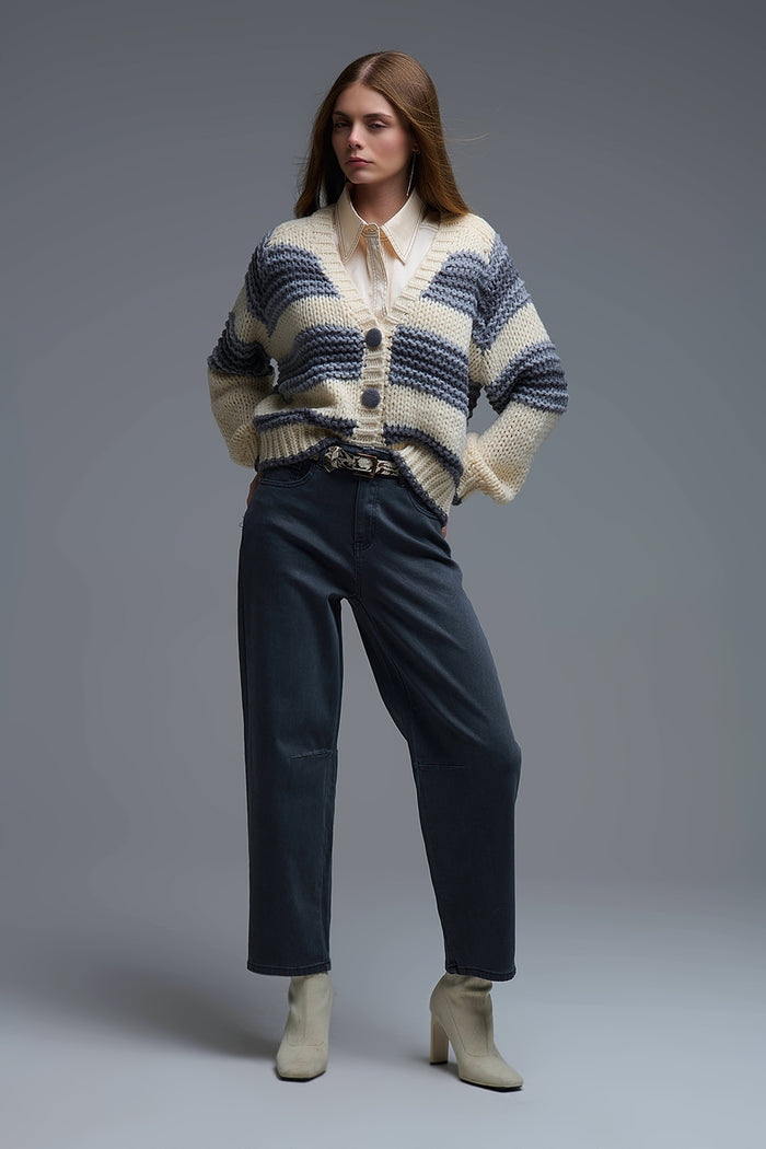 V-neck Chunky Knit Cardigan in striped of Grey and Cream