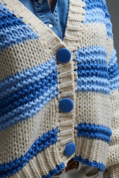 V-neck Chunky Knit Cardigan in stripes of Blue and cream