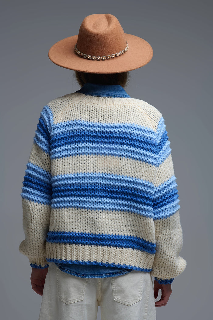 V-neck Chunky Knit Cardigan in stripes of Blue and cream