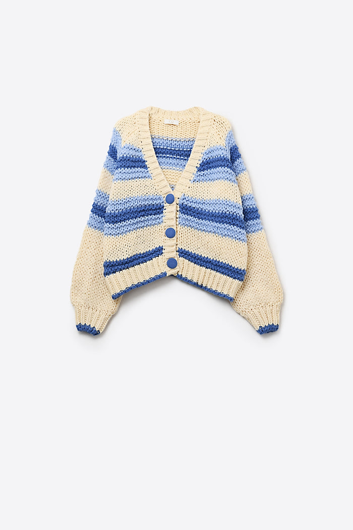 V-neck Chunky Knit Cardigan in stripes of Blue and cream