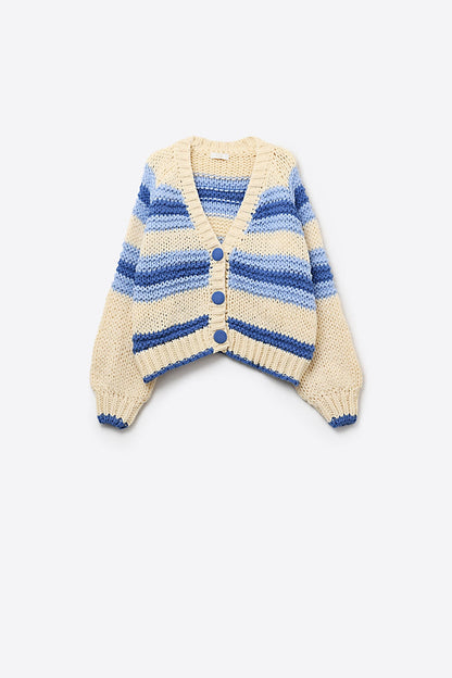 V-neck Chunky Knit Cardigan in stripes of Blue and cream