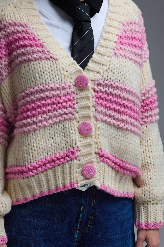 V-neck Chunky Knit Cardigan in stripes of Pink and cream