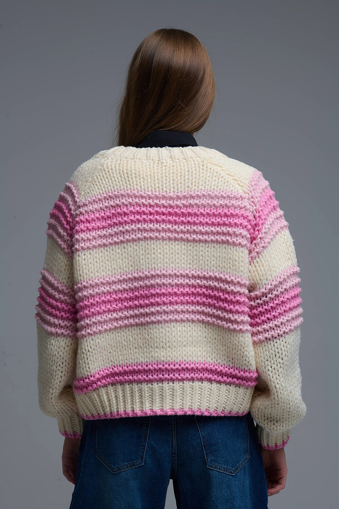 V-neck Chunky Knit Cardigan in stripes of Pink and cream