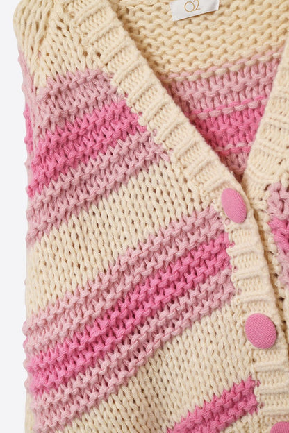 V-neck Chunky Knit Cardigan in stripes of Pink and cream