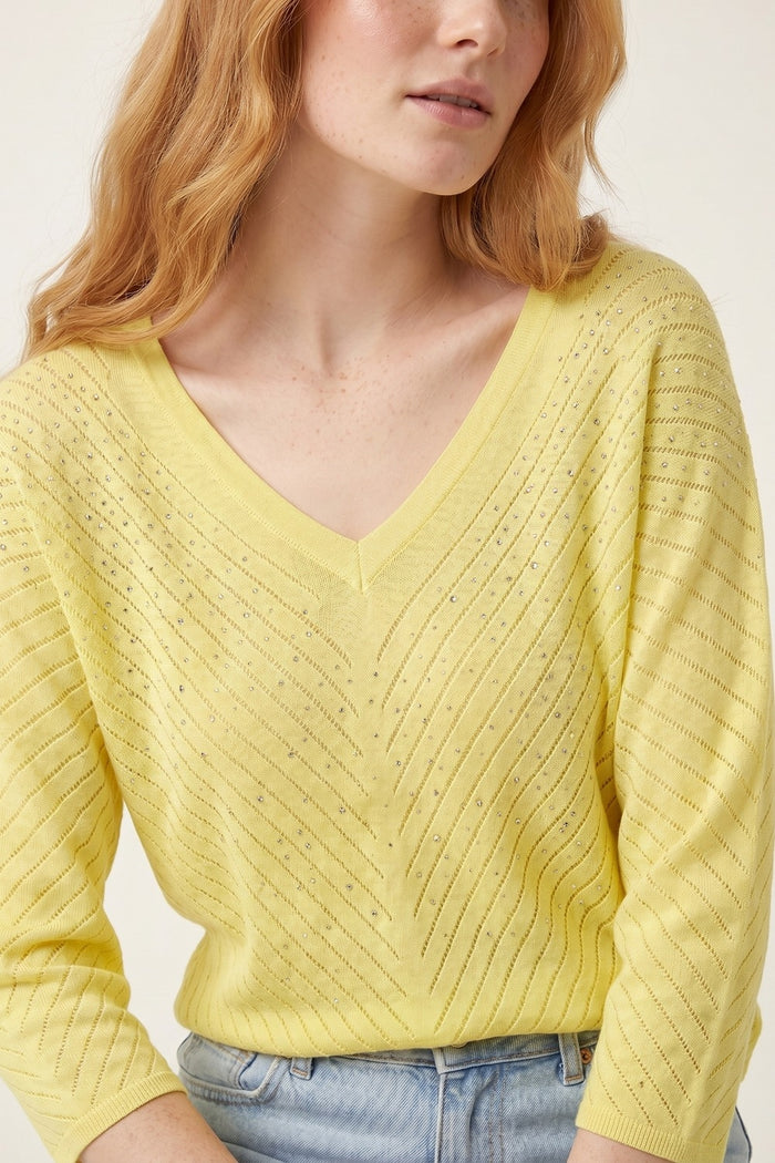V-Neck Embellished Lightweight Knit sweater in yellow