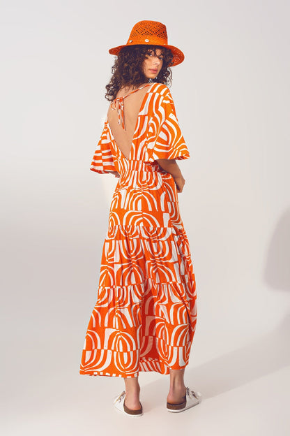 V neck Midi Dress with Print in Orange - dress