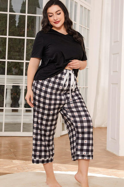 V-Neck Tee and Plaid Cropped Pants Lounge Set - Loungewear